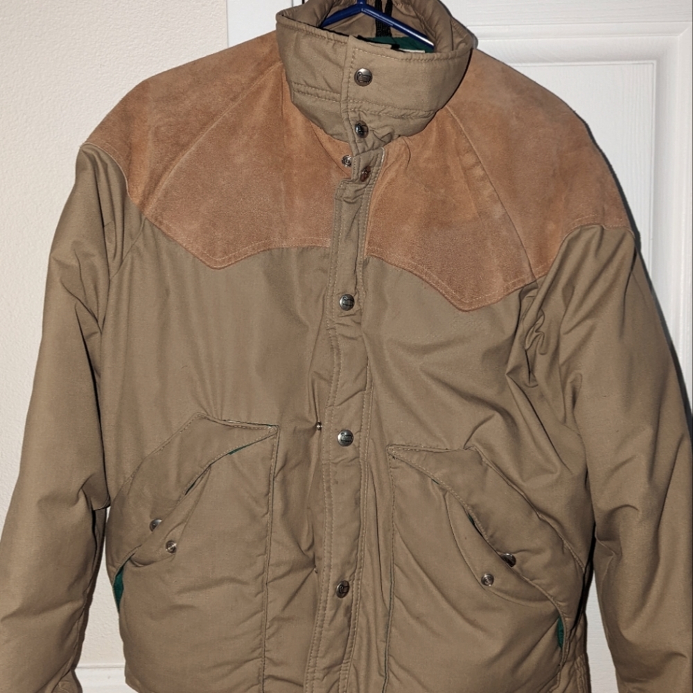 Vintage Woolrich Goose Down Puffy Jacket w/ Leather Trim, Men's Small. RARE